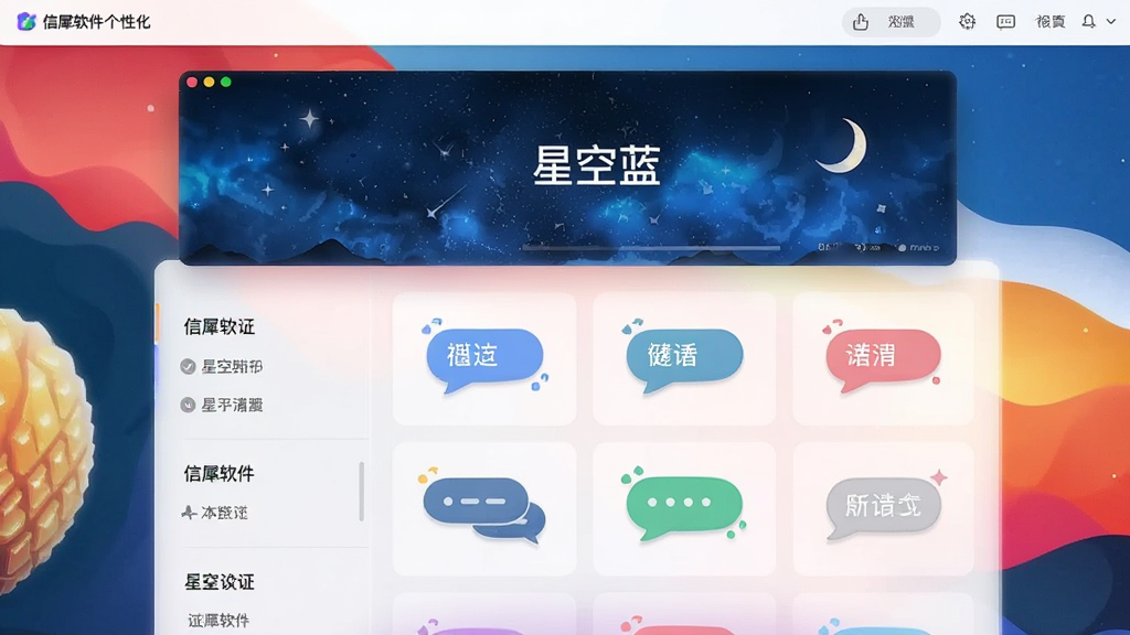 图像主体展现信犀软件个性化设置页面,背景是多彩的主题壁纸预览图。布局采用列表式菜单,上方为当前使用的“星空蓝”主题展示。排版整齐,色彩渐变自然。风格清新活泼,细节包括不同气泡样式的示例。画质清晰,元素丰富但有序,无多余杂物。