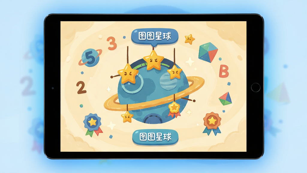 画面主体为平板电脑屏幕内显示的图图星球主界面,屏幕中有一个卡通星球仪表盘,上面挂满金色星星和彩色徽章。布局采用正中央视角,屏幕占据画面主体约70%,四周有柔和的蓝色渐变光晕。排版上,星球仪表盘位于屏幕中央,周围悬浮着数字、字母和几何图形图标。风格为扁平化儿童UI设计结合手绘质感,色彩明亮活泼。细节要清晰显示“图图星球”字样的悬浮按钮,但主图片不包含文字。画质干净无多余元素,整体色调温暖。