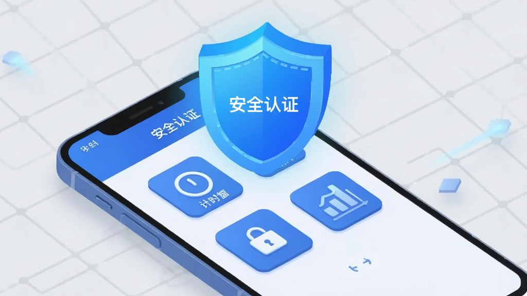 画面主体为一个发光的蓝色盾牌图标悬浮在手机屏幕上方,屏幕内显示家长控制面板的简化界面,包含计时器、锁头和图表图标。布局为盾牌居中偏上,下方屏幕倾斜45度展示界面。排版上,控制面板的图标排列整齐,背景为浅灰色科技感网格。风格为现代扁平化结合微立体,蓝色主调。细节要体现盾牌上的“安全认证”字样,但图片中无文字出现。画质干净,无多余装饰。