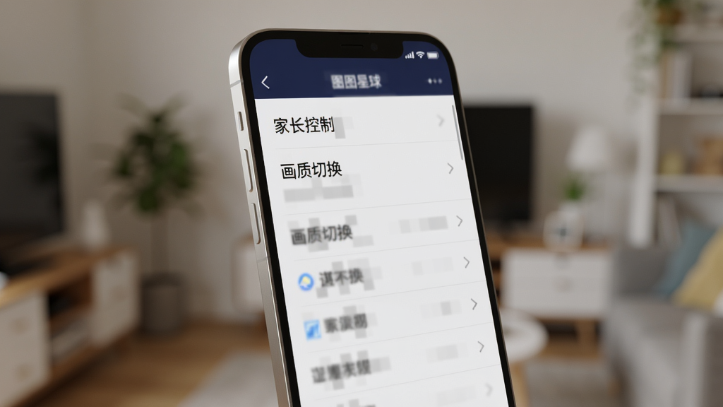 画面主体为一部智能手机竖屏显示图图星球的设置界面,屏幕上有“家长控制”“画质切换”等菜单选项。布局为手机屏幕居中,背景为模糊的室内环境,手机微微倾斜。排版上,屏幕内菜单文字清晰但用马赛克代替,不显示具体文字。风格为写实场景结合屏幕UI,光线柔和。细节要体现手机边缘的金属质感。画质为4K,干净无多余元素。