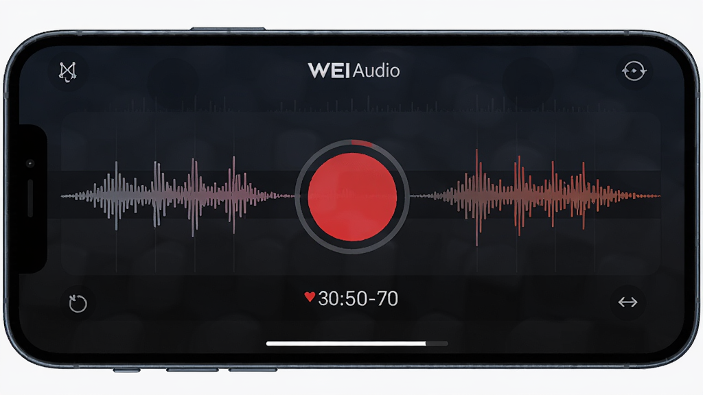 AWEI Audio录音界面特写,手机横屏显示,界面中央有大型红色录音按钮,四周环绕着实时跳动的声波曲线,背景为深色渐变,按钮下方显示录音时长,整体画面具有科技感与专业感,画质细腻,构图干净,无多余元素。