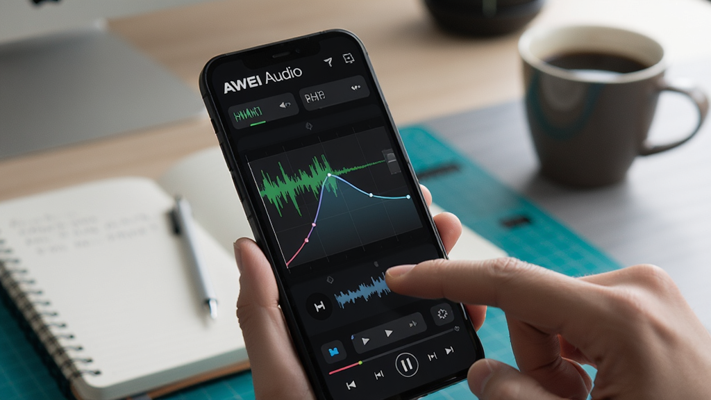 一部智能手机播放AWEI Audio的波形编辑界面,用户手指轻触屏幕调整音量曲线,背景是模糊的工作台,有笔记本和咖啡杯,整体氛围专注专业,界面色彩清晰,画质细腻,无多余元素。