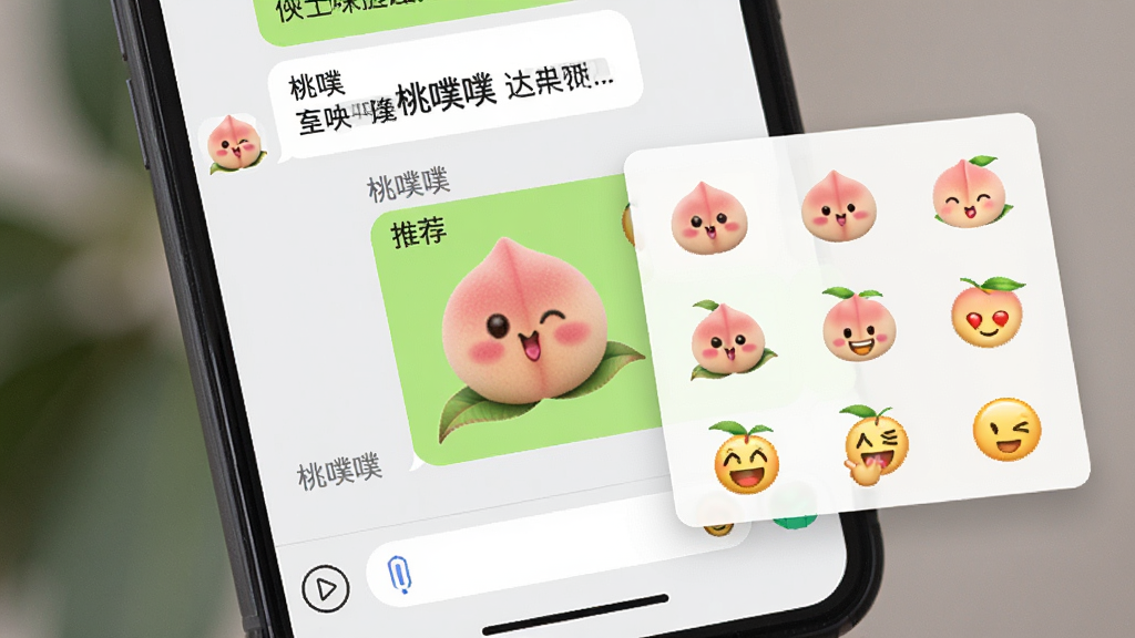 展示手机聊天界面中,用户正在使用“桃噗噗”发送一个可爱的桃子表情,表情旁边弹出多个推荐表情缩略图供用户选择。布局以对话气泡为主,上方是聊天记录,下方是输入框和表情推荐栏。风格清爽明亮,突出粉色桃子和彩色表情的视觉重点。细节上表现表情的细腻纹理和推荐栏的直角卡片设计。画质清晰,无多余元素。