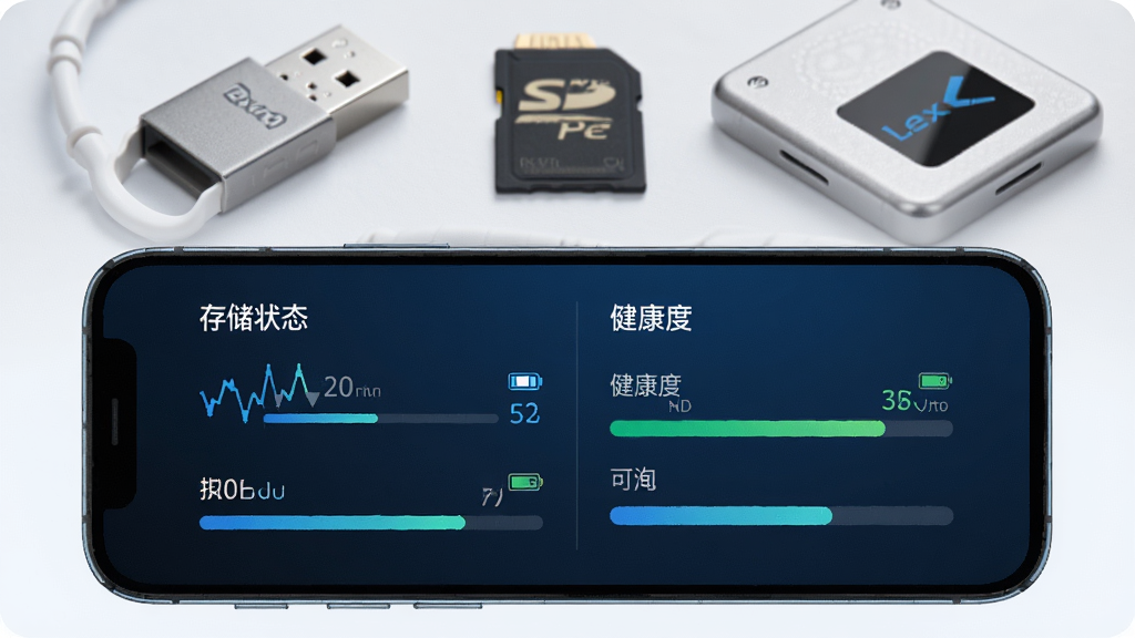 主体为Lexar官方应用界面在智能手机上展示存储管理功能,背景搭配U盘、SD卡和固态硬盘产品图,布局以上下结构呈现,界面清晰显示“存储状态”和“健康度”数据,排版采用左文右图方式,风格为科技感蓝色调,细节包含电量与空间进度条,画质高清干净,无多余元素