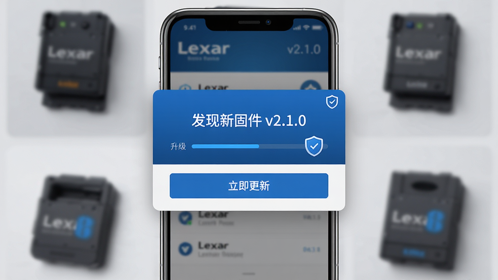 主体为Lexar应用固件升级界面,布局为手机竖屏中央对话框,显示“发现新固件 v2.1.0”,下方有“立即更新”按钮,背景为模糊的Lexar产品图,排版以蓝色为主色调,风格科技感,细节包含升级进度条和盾牌安全图标,画质高清,无多余元素