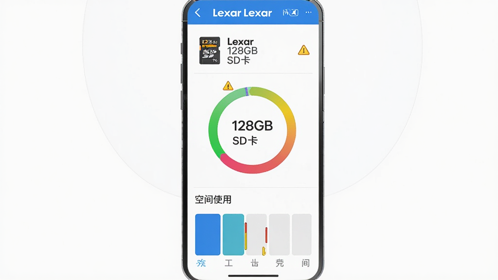 主体为Lexar应用内的设备状态页面,布局为手机竖屏截图样式,上方显示设备型号“Lexar 128GB SD卡”,中部为彩色圆环健康度指示,下方为空间使用条形图,排版以蓝色与白色为主,风格简约商务,细节包含百分比数字和警告图标,画质高清,无多余元素