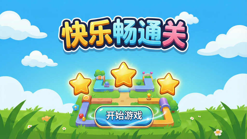 ���壺��Ϸ������չʾ��������������Ŀ�ġ����ֳ�ͨ�ء�����Logo��Logo�·���ɫ�����޵Ŀ�ͨ���ؿ���ͼ������������������̲��������԰��⡣���֣����й�ͼ��Logo���ڻ����Ϸ�����֮һ�����·�������������������Ľ�ɫ����ͼ��͡���ʼ��Ϸ����ť���Ű棺ͼ���밴ť�������£������ʵ���ͻ�����ɷ�Χ�����������ͨ����ƽ����ƣ�ɫ�ʱ��Ͷȸߣ�����Բ��ϸ�ڣ�С�����ڶ����ƶ仺��Ʈ�ƣ���ť�е�����������Ч�����ʣ�������Ⱦ���ɾ��޶���Ԫ�ء�