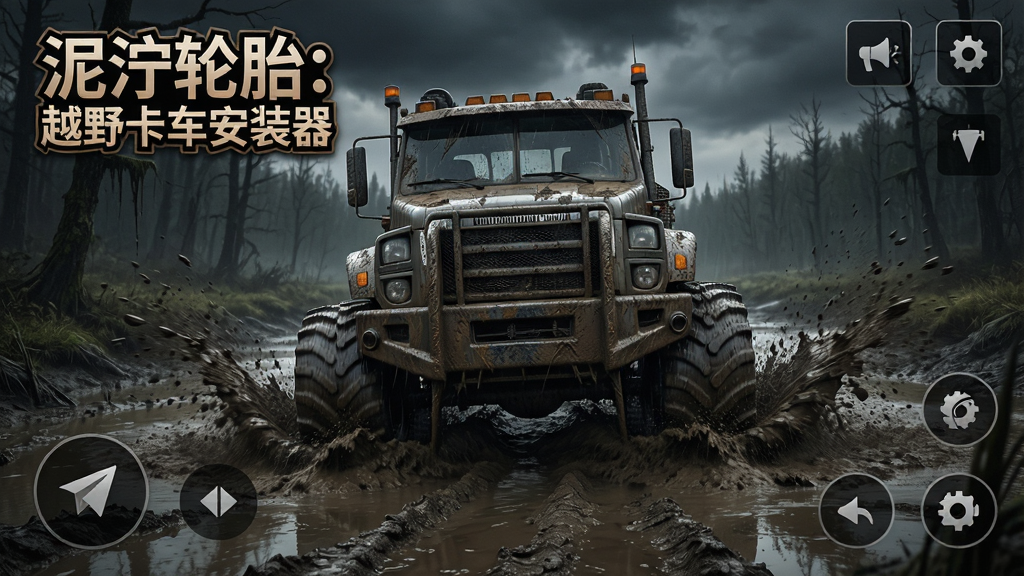 游戏主界面展示一辆重型泥地卡车正奋力穿越泥泞沼泽,车头扬起泥浆,周围环境阴暗潮湿,画面逼真写实,UI布局为安卓手游风格,展示“泥泞轮胎:越野卡车安装器”游戏LOGO,正面视角,细节丰富,画质高清,干净无多余元素