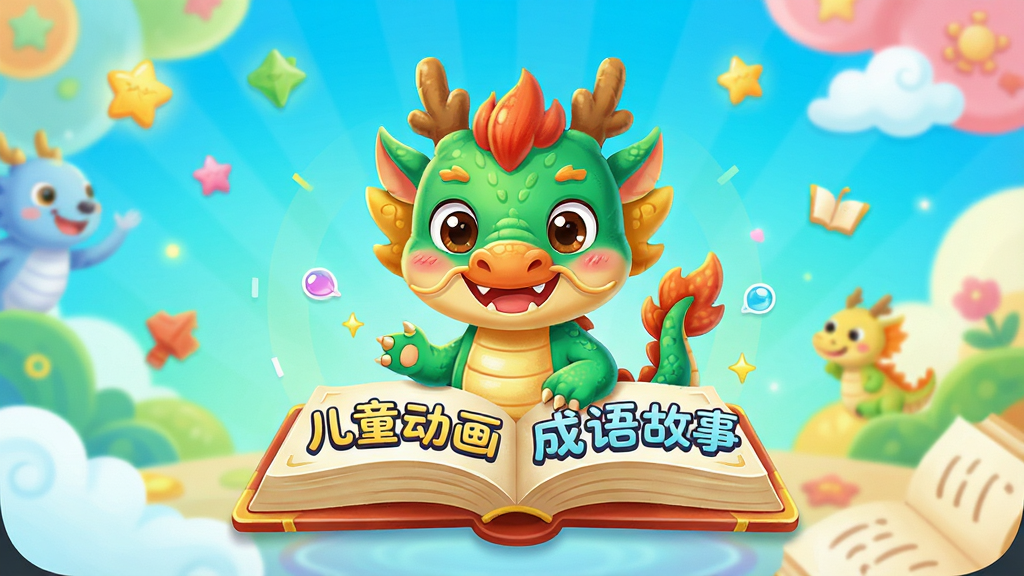 画面主体为“儿童动画成语故事”APP的启动界面,可爱的卡通小龙与书本元素,居中排版,背景明亮多彩,整体风格清新卡通,细节精致,画质清晰干净,无多余元素,文字显示“儿童动画成语故事”