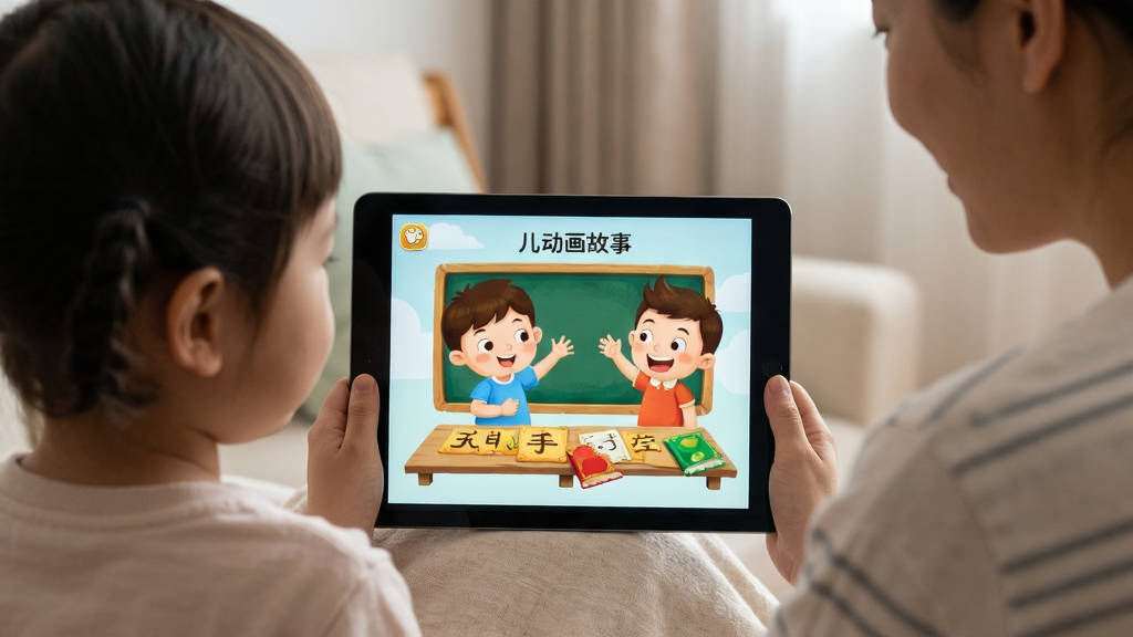 画面主体为“儿童动画成语故事”APP在平板电脑上播放动画的实拍场景,孩子和家长一起观看,屏幕中显示成语动画,布局自然,风格温馨,细节真实,画质清晰,干净无多余元素