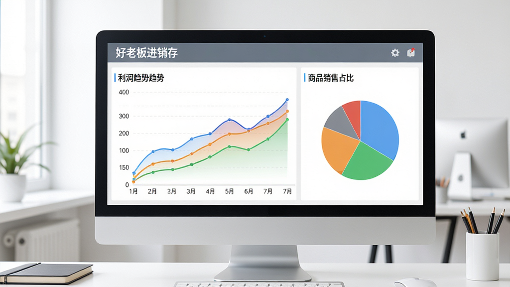 展示好老板进销存软件的数据分析报表界面,主体为电脑屏幕上显示的彩色利润趋势折线图与商品销售占比饼状图,布局在明亮的工作台场景中,排版清晰,风格为现代商务数据可视化,细节上强调图表线条的流畅与数据的易读性,画质高清,干净无多余元素,展示“好老板进销存”多维报表功能预览图。