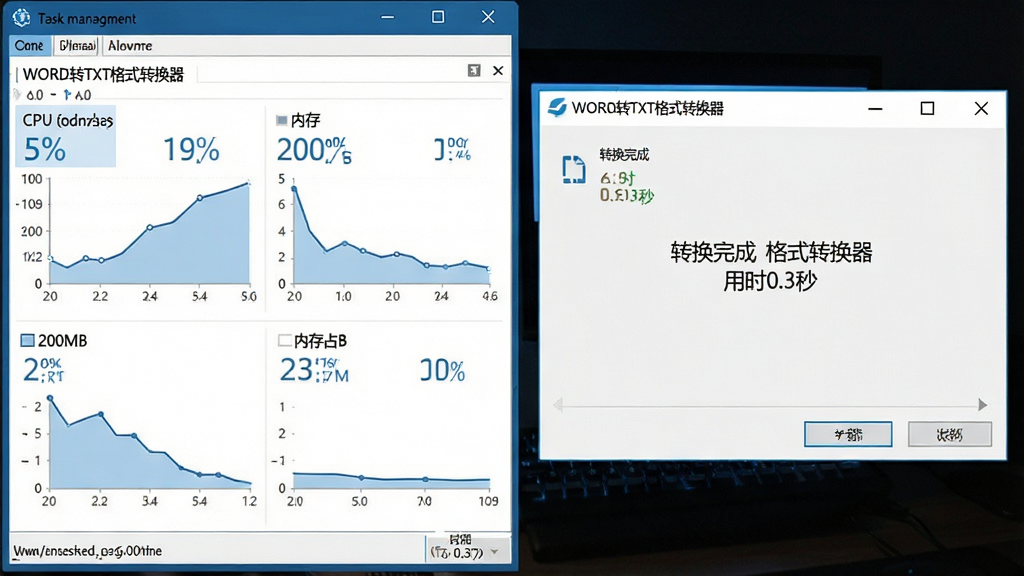 ���壺������������������롰WORDתTXT��ʽת���������д��ڲ��У�չʾCPU���ڴ�ռ�õ͡����֣����Ϊ������������Ҳ�Ϊת���������Ű棺ͼ������ƽ����ռ����������������񣺿Ƽ�����ɫ�������ݿ��ӻ���ϸ�ڣ������������CPUռ���ʵ���5%���ڴ�ռ�õ���200MB������������ʾ��ת����� ��ʱ0.3�롱�������������޶���Ԫ�ء�