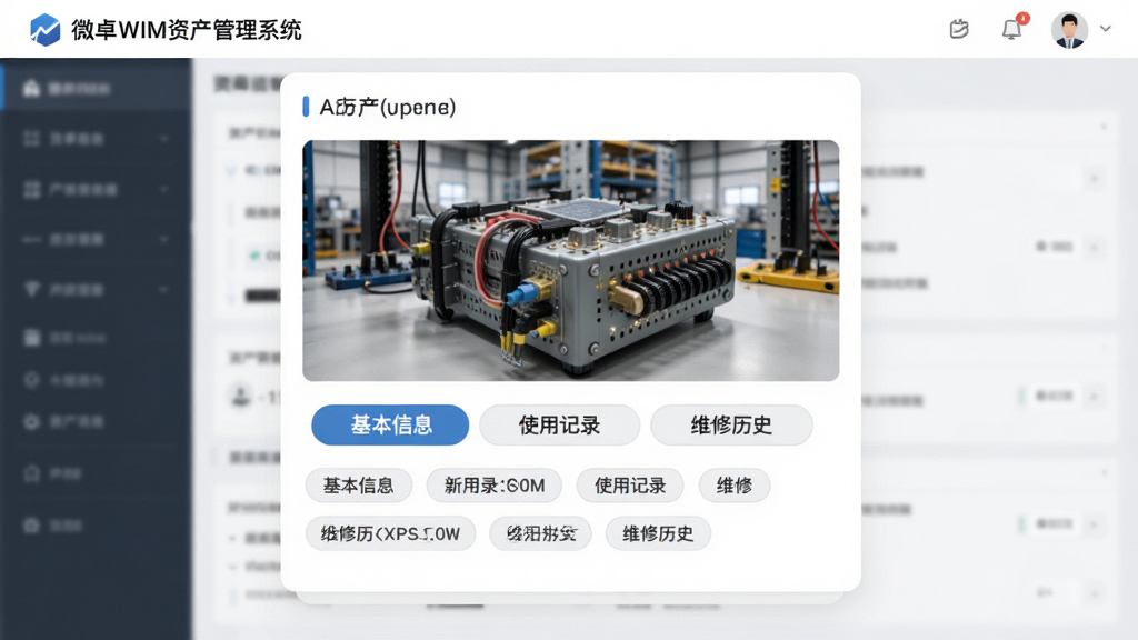 主体:微卓WIM资产管理系统的资产详情页面。布局:页面中央展示资产卡片,上方为资产照片,下方为详细参数标签。排版:卡片式布局,信息以标签页形式切换。风格:简洁清晰,注重数据展示。细节:资产照片清晰,标签页包含基本信息、使用记录、维修历史。画质:细腻,干净,无多余元素。