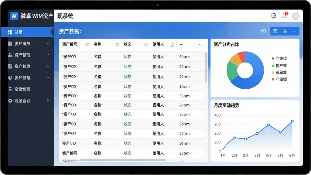 主体:微卓WIM资产管理系统的软件主界面,展示资产列表与统计图表。布局:左侧导航栏,右侧为资产数据表格与仪表盘。排版:界面清晰,信息层级分明,现代企业级UI设计。风格:专业商务风格,蓝白主色调。细节:表格中显示资产编号、名称、状态、使用人,仪表盘展示资产分类占比饼图与月度变动趋势折线图。画质:高分辨率,细节丰富,干净,无多余元素。