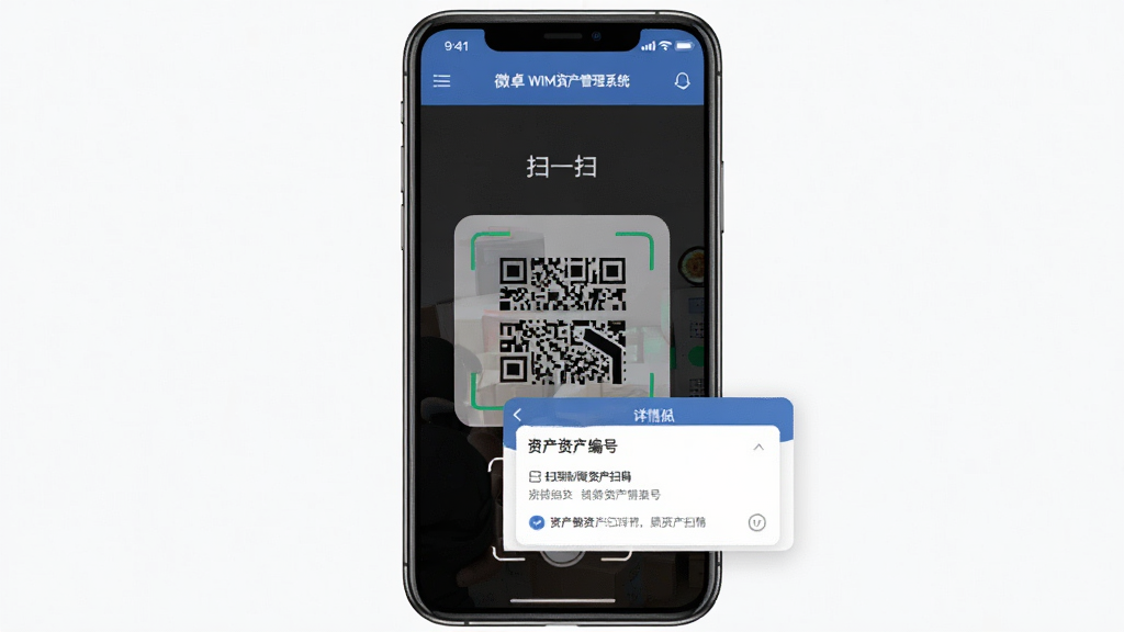 主体:微卓WIM资产管理系统在手机上的运行界面。布局:手机屏幕居中,显示资产盘点扫码界面。排版:界面简洁,扫码框醒目。风格:现代扁平化风格。细节:屏幕上有“扫一扫”字样,识别到资产编号后弹出详情卡片。画质:清晰,干净,无多余元素。