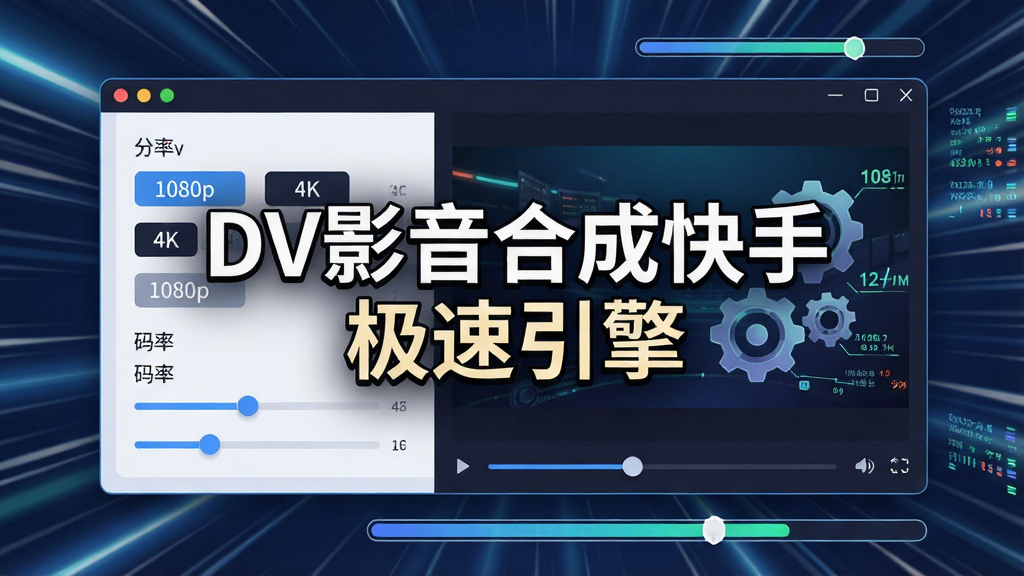 一张动态效果图,主体为DV影音合成快手的导出设置窗口,背景有流动的速度线条与进度条,布局采用左右结构,左侧显示各种分辨率选项(1080p、4K)和码率滑块,右侧是实时预览窗口,风格为科技感UI插画,细节包括齿轮图标与闪烁的数据流,画质清晰,干净无多余元素,突出“极速合成”主题,图片中央标注“DV影音合成快手 极速引擎”字样。