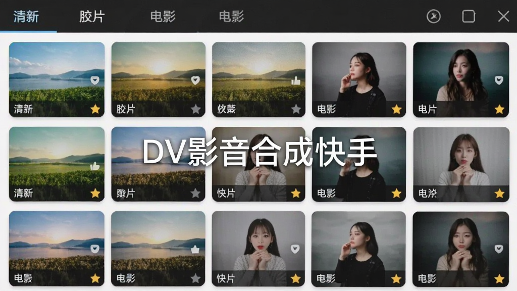 展示DV影音合成快手滤镜库的界面截图,主体为网格状排列的多种滤镜缩略图,每张缩略图显示不同色调的风景或人物照片,布局整齐,上方有分类标签如“清新”、“胶片”、“电影”,风格为写实UI设计,细节包括滤镜名称与收藏星标,画质清晰,干净明亮,图片中央有“DV影音合成快手”软件名称的水印。