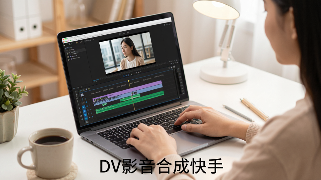 展示一位用户正在笔记本电脑上使用DV影音合成快手进行视频编辑,屏幕中显示时间线与预览画面,桌面整洁,一杯咖啡在旁边,整体风格温馨明亮,构图注重人物与屏幕的互动,细节清晰,画质干净,无多余元素,图片底部有“DV影音合成快手”字样。