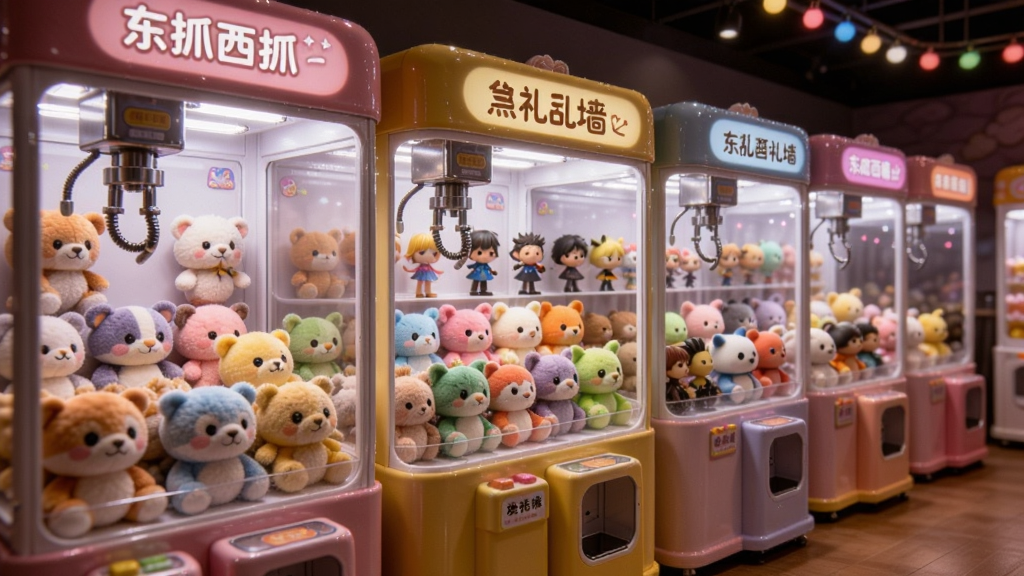 展示“东抓西抓”应用内礼品陈列墙,画面中一排排整齐的娃娃机内摆放着各式各样的毛绒玩具和手办,灯光柔和,色彩斑斓,布局层次分明,风格温馨梦幻,细节精致,画质高清干净,无多余元素