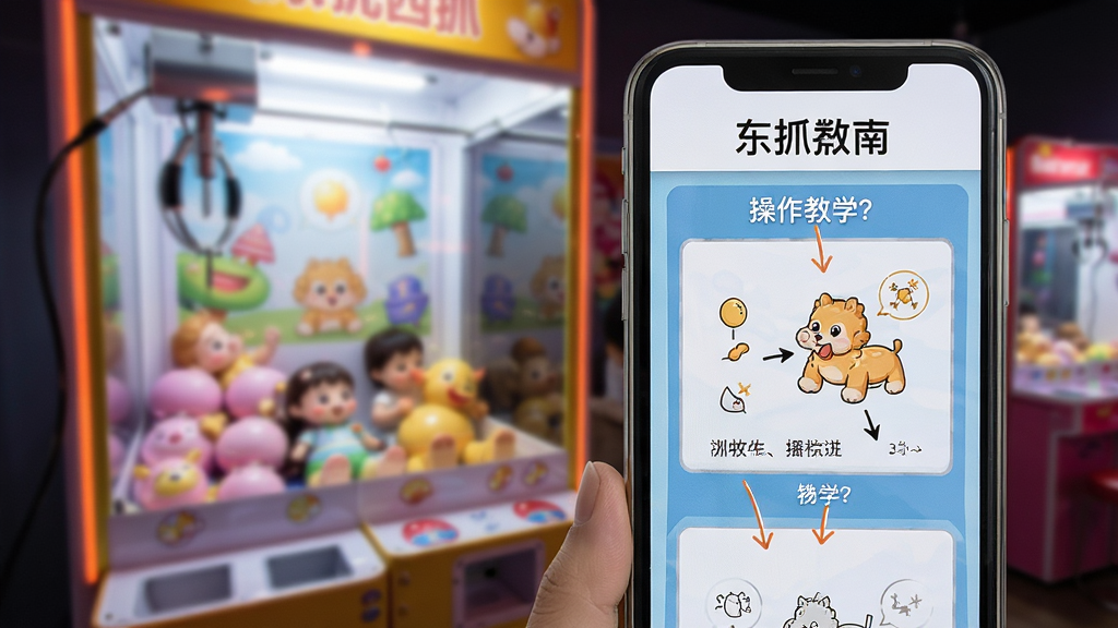 展示“东抓西抓”新手指南界面,画面中手机屏幕显示操作教学步骤与图示,背景为虚化的娃娃机区域,风格简洁清晰,布局直观,细节标注明确,画质高清干净,无多余元素