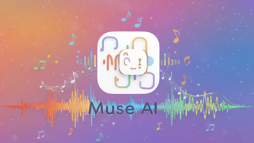 画面主体为“Muse AI”品牌标识悬浮于多彩音乐波形之上,背景是柔和渐变星空,整体布局居中,采用扁平化风格,细节包含音符粒子与光效,画质高清,干净无多余元素,文字标注“Muse AI”。
