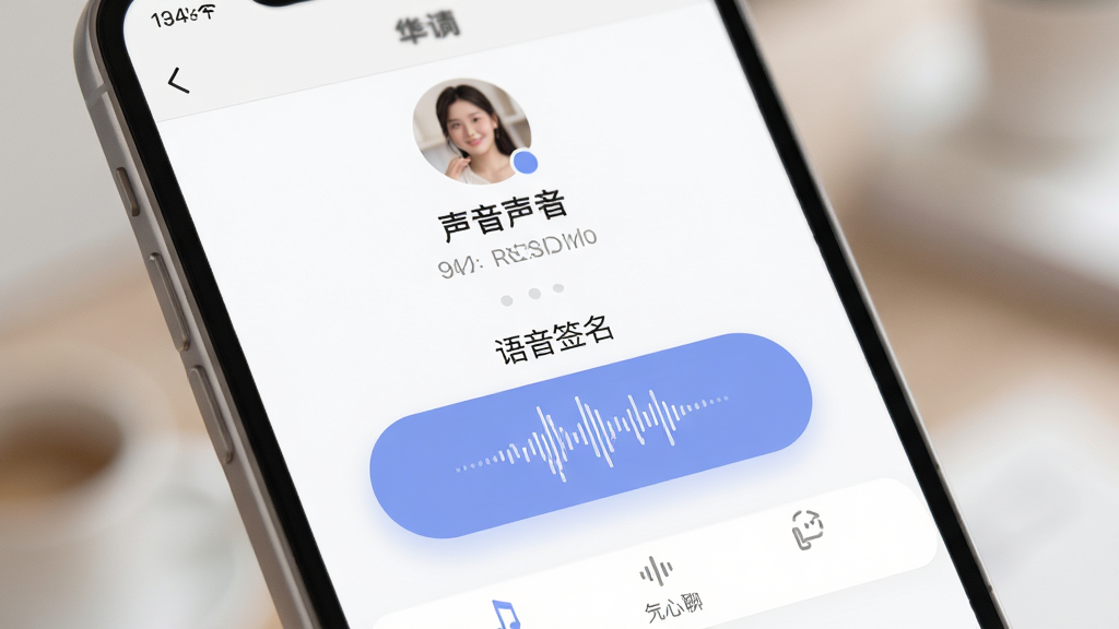 会心聊声音名片功能预览图,画面主体为手机界面特写,显示个人资料编辑页,突出展示“语音签名”录制按钮和波形动效,背景虚化,布局简洁,排版清爽,整体风格柔和,细节精致,展现声音社交魅力,画质高清干净,无多余元素