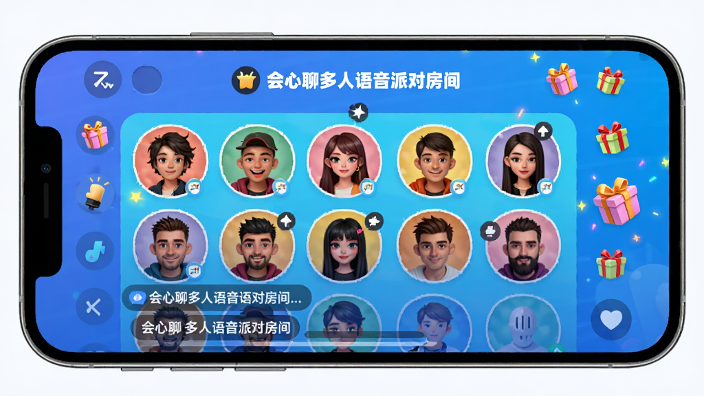 会心聊多人语音派对房间界面,画面主体为手机横屏截图,展示热闹的在线房间列表,顶部有房间主题名称,下方为多宫格头像和实时聊天字幕,界面布局活泼,色彩明亮,整体风格具有娱乐性,细节包括礼物特效图标,画质高清干净,无多余元素