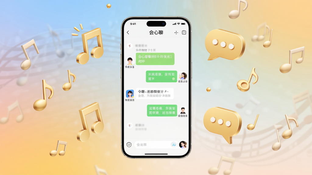 会心聊主视觉图,画面主体为一部亮屏的智能手机,屏幕中显示会心聊APP的聊天界面,界面风格简约现代,背景为柔和的渐变色,周围漂浮着立体的金色音符和对话气泡,布局居中对称,排版清晰,整体风格温馨明亮,细节丰富,画质高清干净,无多余元素