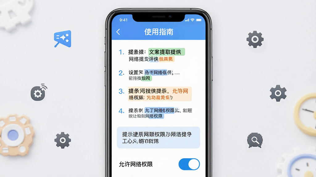 主体:手机屏幕展示文案提取侠的“使用指南”界面,有步骤列表和提示框。布局:手机居中,背景为浅灰色,周围放置小图标表示网络、设置等。排版:步骤文字清晰,重点提示用不同颜色标注。风格:简洁教学风,界面友好。细节:包含“允许网络权限”开关,背景干净。画质:高清,无多余元素。