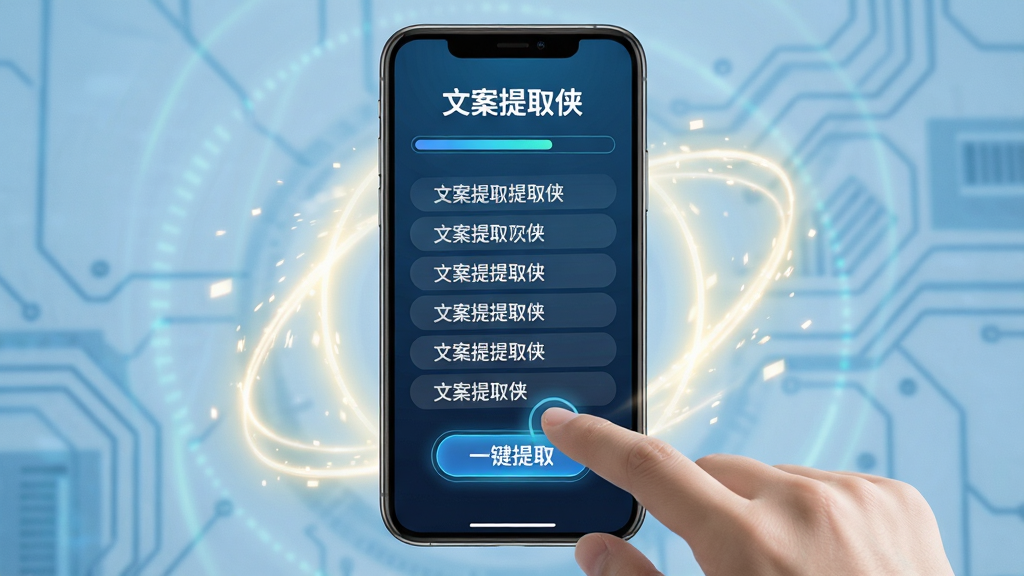 主体:手部点击手机屏幕上的“一键提取”按钮,屏幕中快速滚动出文字。布局:手机居中,周围有浅色光效表示提取过程。排版:界面有“文案提取侠”字样和进度条。风格:科技感,动态光效,细节:提取出的文字以列表形式整齐排列,背景为科技蓝。画质:高清晰度,光影自然,干净无杂物。