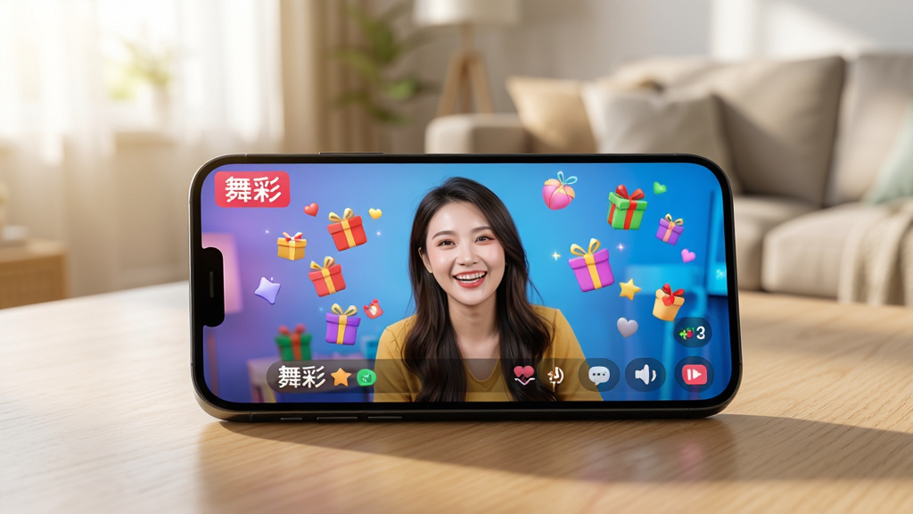 一张智能手机屏幕特写,屏幕中正在播放“舞彩”APP的直播界面,画面色彩鲜艳明亮,主播笑容灿烂,直播间内飘过各种互动礼物特效。手机倾斜放置于浅色木纹桌面上,背景是温馨的客厅环境,柔和的自然光从窗户洒入,构图以手机屏幕为中心,突出直播内容的清晰与生动。整体风格为现代简约生活风,画质细腻,光影层次分明,干净无多余元素。