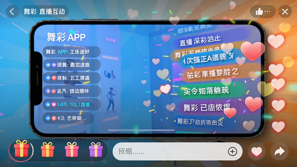 展示“舞彩”APP直播互动界面,屏幕上飘动着彩色弹幕与爱心点赞特效,下方有礼物栏与输入框。画面构图以直播间为主体,弹幕从右向左划过,营造活跃氛围。整体风格明亮有活力,UI元素清晰,干净无多余元素。