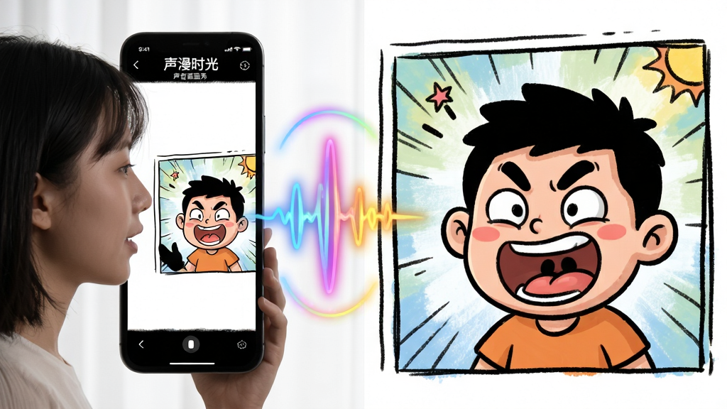 主体:展示“声漫时光”特色功能“声音漫画秀”的界面截图,一个用户正在对着手机说话,屏幕上同步生成一个卡通角色在漫画分镜中做出夸张表情。布局:左半部分为真实用户侧脸轮廓,右半部分为放大的漫画分镜画面,两者通过彩色声波线连接。排版:左右分屏对比,中间以声波视觉元素衔接。风格:活泼俏皮的漫画风格,色彩鲜明,线条圆润。细节:漫画角色表情丰富,分镜框有手绘质感,声波线带有发光效果。画质:高分辨率,画面干净,无多余元素。