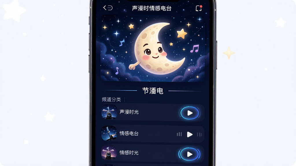 主体:展示“声漫时光”情感电台的播放界面,手机屏幕上显示一个拟人化的月亮与星星图案,下方有节目列表。布局:上半部分为正在播放的节目封面动态图,下半部分为频道分类列表与播放按钮。排版:纵深感强的列表式布局,封面图占据视觉中心。风格:梦幻星空风格,深蓝色背景点缀星光,营造静谧氛围。细节:月亮图案面带微笑,节目列表文字清晰,播放按钮有呼吸灯效果。画质:细腻,干净,无多余元素。