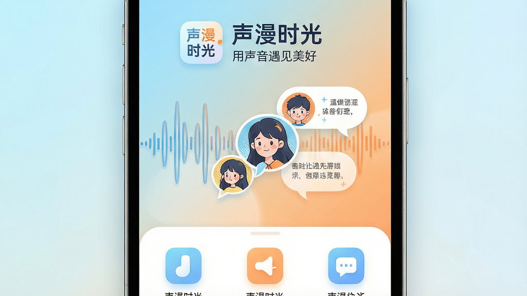 主体:一款名为“声漫时光”的手机应用界面展示,画面中央是动态的声波与漫画风格的人物头像气泡交织。布局:上半部分为应用logo与标语“用声音遇见美好”,下半部分为核心功能图标排列。排版:现代简洁的扁平化设计,信息层级分明。风格:清新治愈系,色彩以淡蓝与暖橙渐变为主,柔和的光影效果。细节:声波线条流畅,气泡中隐约可见对话文字,整体传递出温暖社交氛围。画质:高清渲染,干净无多余元素。