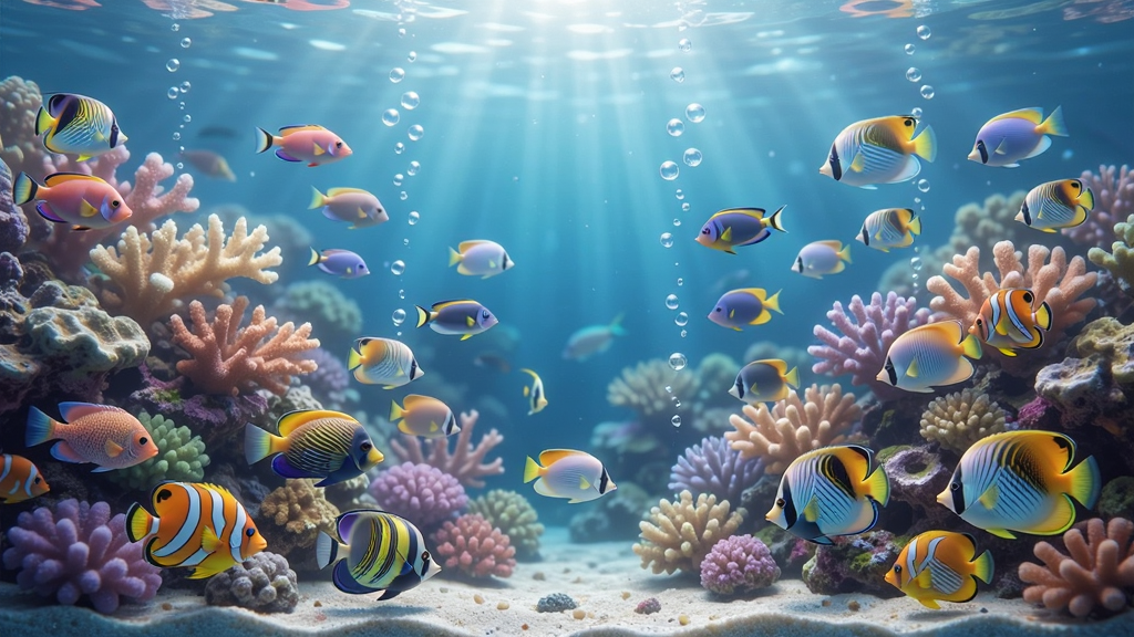 鱼屏保动态水族箱场景截图,展示珊瑚礁与热带鱼群共生的画面,珊瑚色彩斑斓,鱼群穿梭其间,气泡上升,光线柔和,布局和谐,风格梦幻清新,细节丰富,画质高清,无多余元素