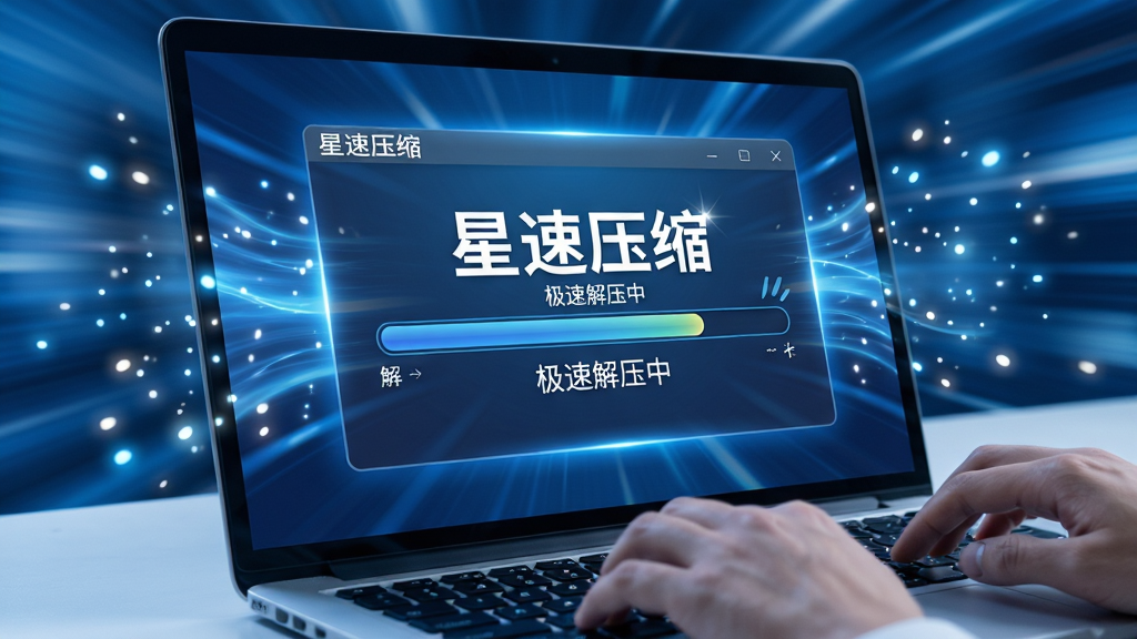 主体:星速压缩软件在笔记本电脑上运行的场景特写,屏幕中显示解压进度条快速完成。布局:屏幕占据画面中心,周围有散落的光点效果,象征速度。排版:屏幕上的界面放大展示,标题为“星速压缩”,速度指示为“极速解压中”。风格:科技感,蓝色调,动态模糊背景。细节:键盘上手指敲击,屏幕光影流动。画质:高清渲染,干净,无多余元素。