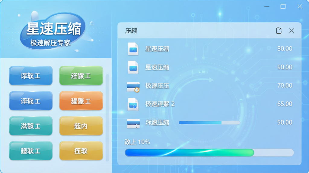 主体:星速压缩软件的主界面,风格现代简约,左侧功能栏,右侧展示压缩进度,背景为浅蓝色科技感渐变。布局:界面采用左右结构,左侧按钮排列整齐,右侧为文件列表和进度条。排版:界面元素对齐规整,文字清晰,标题为“星速压缩”,副标题为“极速解压专家”。风格:扁平化设计,色彩明快,细节:按钮有光泽质感,进度条动态效果,画质:高清,干净,无多余元素。