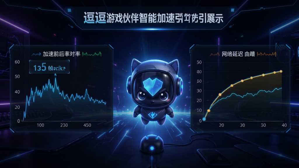 逗逗游戏伙伴智能加速引擎功能展示,画面左侧为加速前后帧率对比图,右侧为网络延迟曲线,背景为电竞风格光效,主体突出,布局左右对称,风格科技感,细节包含数据波动,画质干净