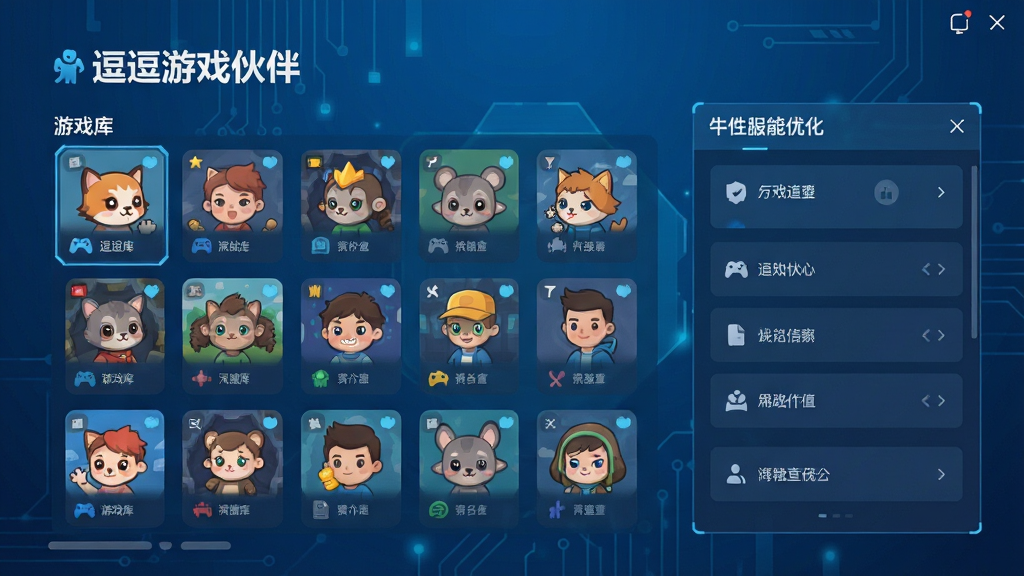 逗逗游戏伙伴主界面预览图,展示游戏库列表与性能优化面板,科技蓝背景,布局清晰,扁平化设计,细节丰富,画质干净无多余元素
