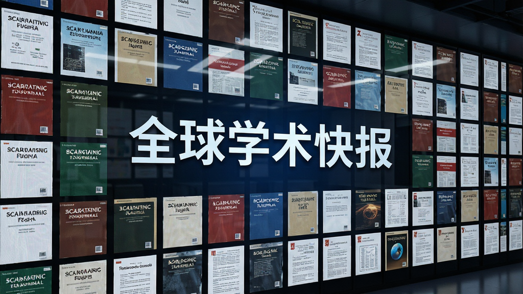 高清数字艺术图,主体为一面巨大的电子屏幕墙,屏幕上密密麻麻排列着各种学术期刊封面与论文缩略图,中心位置突出显示“全球学术快报”品牌字样,布局呈网格状排列,排版密集有序,风格为现代数据可视化风格,细节强调屏幕光线反射与丰富色彩,画质超清,干净无多余元素。