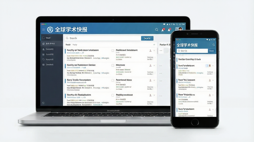 一张高清产品展示图,主体为笔记本电脑与智能手机并排摆放,屏幕中显示“全球学术快报”软件界面,界面清晰展示学术文献列表与搜索框,布局左右对称,排版干净整洁,风格为现代商务科技感,细节需呈现软件名称“全球学术快报”字样,画质细腻明亮,干净无多余元素。