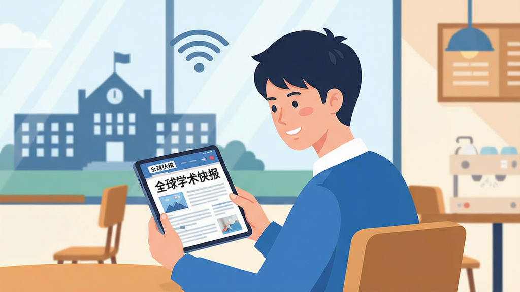 场景插画图,主体为一位学生模样的年轻人坐在咖啡馆中,手持平板电脑,屏幕上显示“全球学术快报”文献阅读界面,背景元素包含校园建筑剪影与无线网络符号,布局主体人物居中,排版明快,风格为扁平化现代插画,细节需在屏幕中呈现“全球学术快报”文字,画质清晰,干净无多余元素。