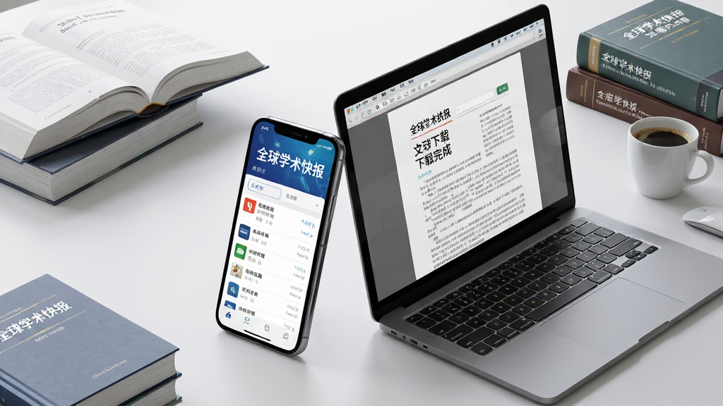 高清写实图片,主体为一部智能手机与一台笔记本电脑背靠背放置,手机屏幕上显示“全球学术快报”文献下载完成列表,电脑屏幕显示文献PDF内容,周边散落几本学术书籍和一杯咖啡,布局为对角线构图,排版干净,风格为现代工作台场景,细节需清晰显示“全球学术快报”界面,画质细腻,干净无多余元素。