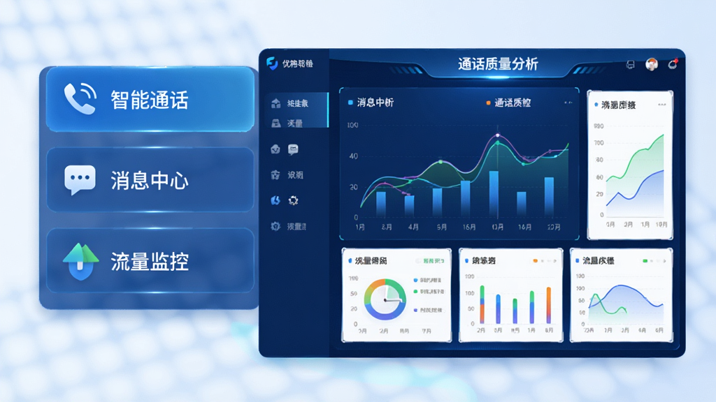 优格通信软件功能展示图,画面左侧为功能列表,包含“智能通话”、“消息中心”、“流量监控”等选项,右侧展示通话质量分析图表,整体风格为蓝色科技感UI设计,排版清晰,细节丰富,画质干净