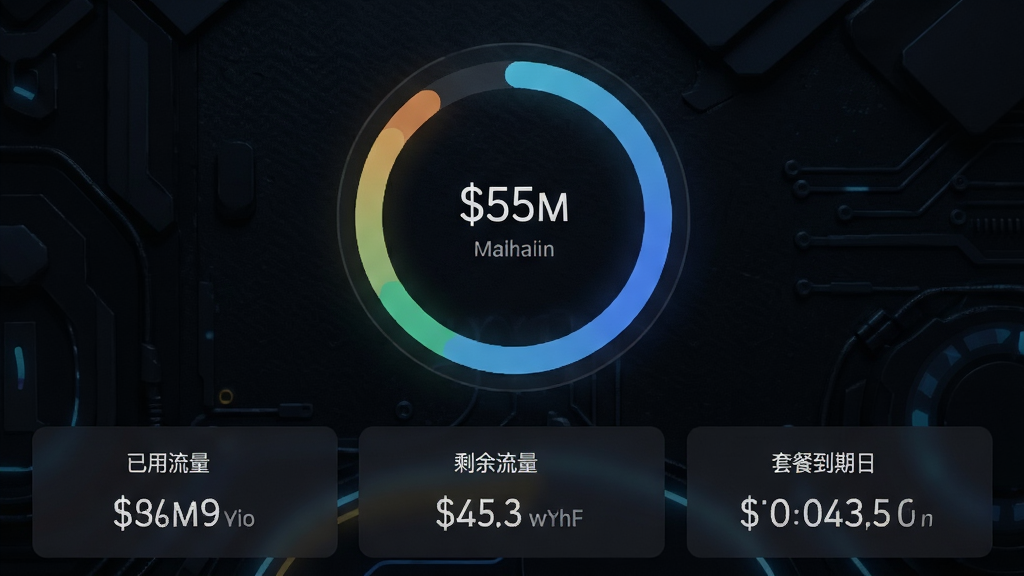 优格通信流量监控界面截图风格图,画面展示一个环形流量统计图,下方有“已用流量”、“剩余流量”、“套餐到期日”等数据卡片,背景为深色科技纹理,数据可视化清晰,风格现代,画质干净
