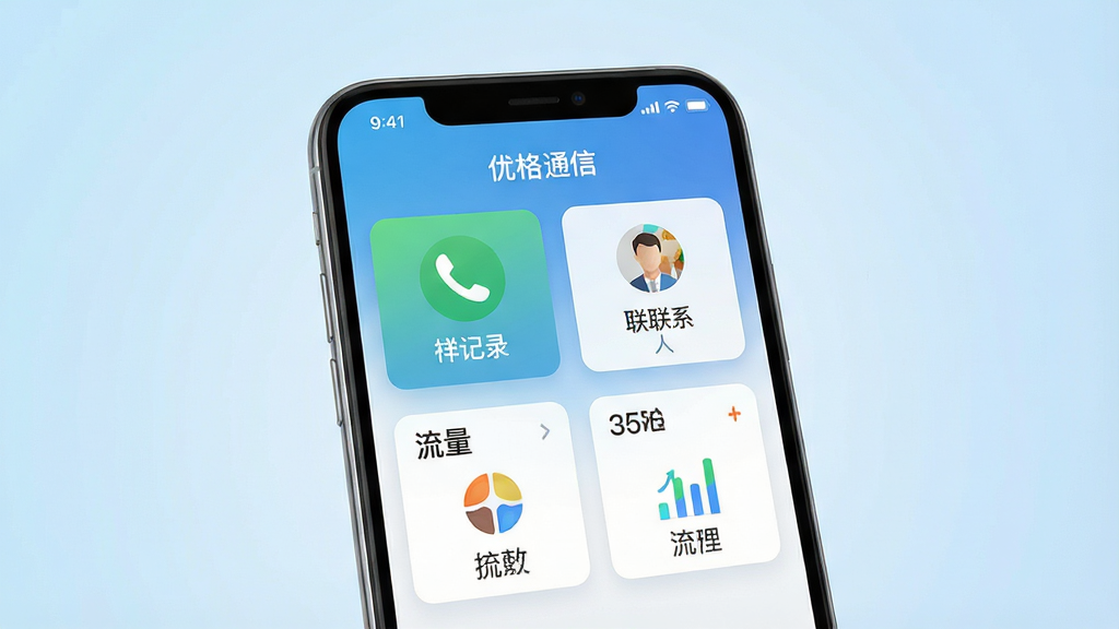 一幅展示优格通信软件核心界面的高清渲染图,画面中央是一部智能手机,屏幕中清晰显示“优格通信”主界面,包含通话记录、联系人、流量统计等模块图标,背景为浅蓝色渐变,整体布局简洁明亮,风格现代科技感,细节丰富,画质清晰干净,无多余元素