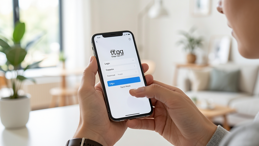 用户手持手机操作优格通信App的场景图,手机屏幕显示登录界面,背景为室内明亮环境,构图清晰,风格真实自然,画质干净,无多余元素