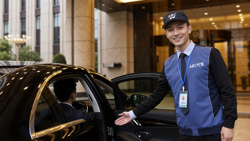 一位面带微笑、穿着整洁的“ABC代驾”统一制服的司机,正在一辆高档轿车旁为车主打开车门,做出“请上车”的手势,背景为高档酒店或写字楼门口,画面光线柔和,体现专业与信任感,画质干净,无多余元素