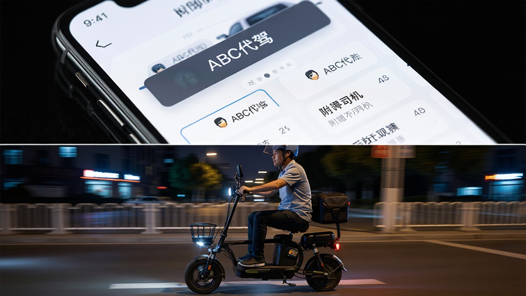一张分屏对比图,上方画面为手机App界面,显示“ABC代驾”一键呼叫按钮与附近司机列表,下方画面为一位代驾司机骑着折叠电动车在夜色中快速赶往用户位置的动态场景,画面动感,突出高效与便捷,画质明亮干净,无多余元素